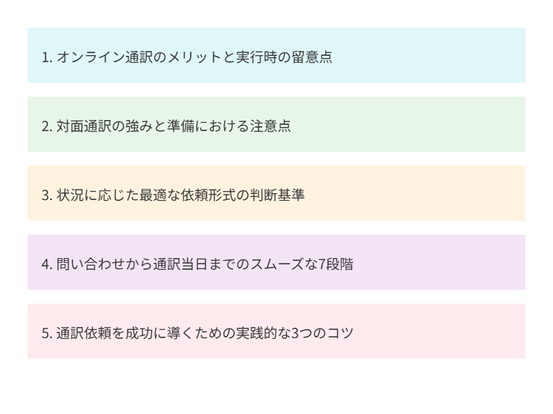 オンライン通訳のメリットと実行時の留意点
対面通訳の強みと準備における注意点
状況に応じた最適な依頼形式の判断基準
問い合わせから通訳当日までのスムーズな7段階
通訳依頼を成功に導くための実践的な3つのコツ